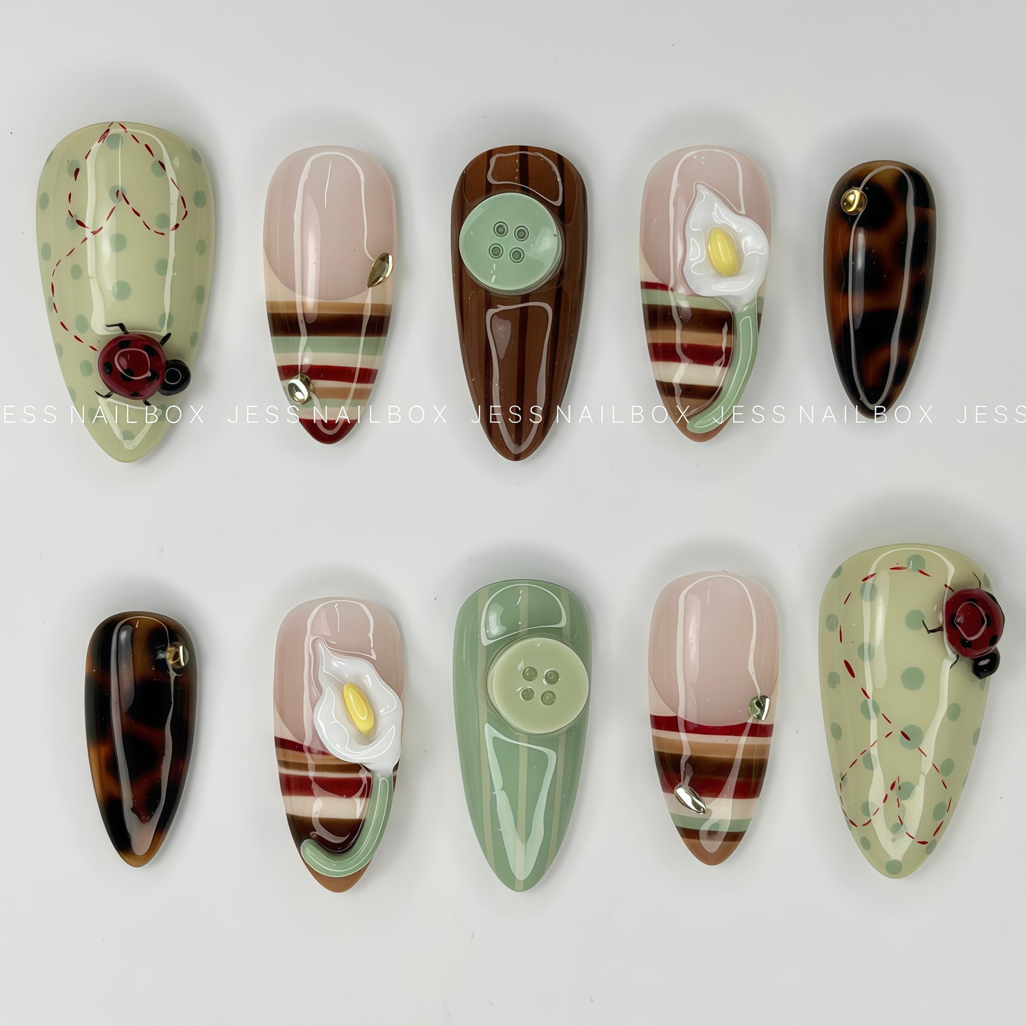 Woodland Calla - Sage Green and Tortoiseshell Press-On Nails with 3D Calla Lily Flower and Ladybug Art
