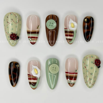 Woodland Calla - Sage Green and Tortoiseshell Press-On Nails with 3D Calla Lily Flower and Ladybug Art