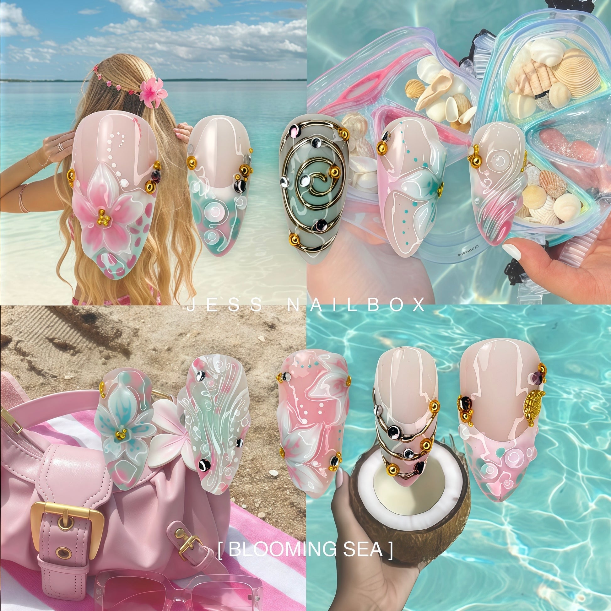 Blooming Sea - Handcrafted Coastal Floral Press-On Nails Styled Against Tropical Beach and Crystal Blue Ocean Water