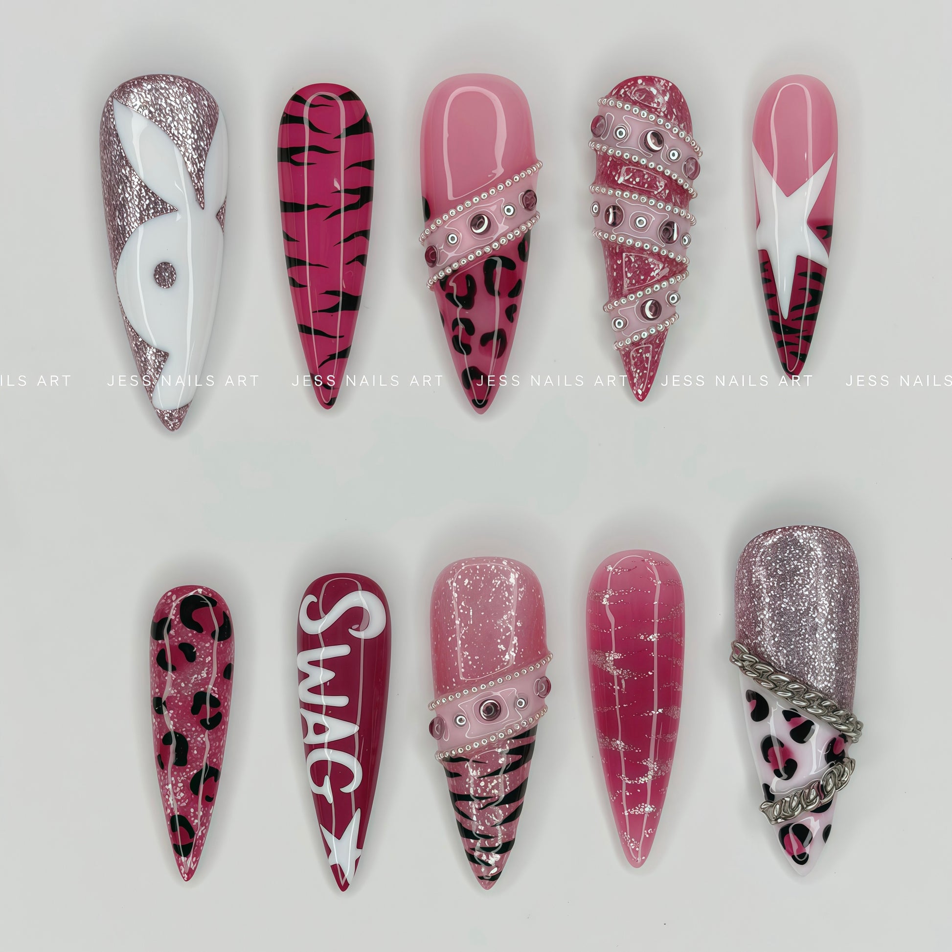 Pink Swag - Y2K Hot Pink Leopard Print and Metal Chain Press-On Nails