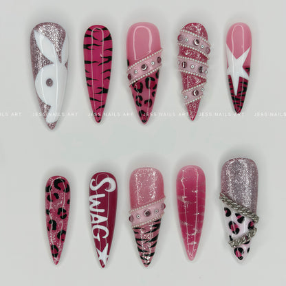 Pink Swag - Y2K Hot Pink Leopard Print and Metal Chain Press-On Nails
