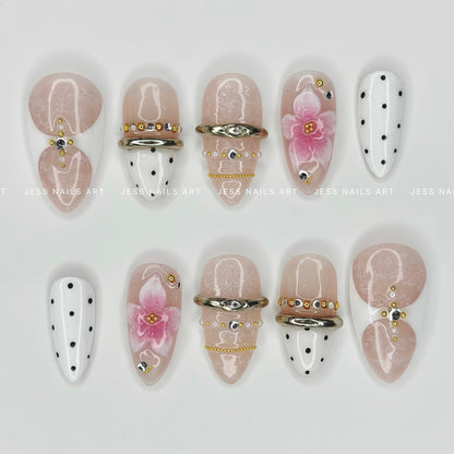 Sweet Disorder - The Dot Edit Collection Nude Lace Press-On Nails with Soft Pink Cherry Blossom Floral Art, Polka Dots, Gold Metallic Rings, and Crystal Studs
