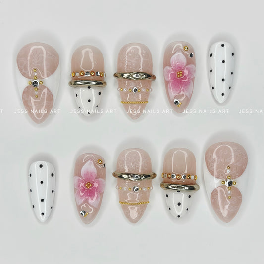 Sweet Disorder - The Dot Edit Collection Nude Lace Press-On Nails with Soft Pink Cherry Blossom Floral Art, Polka Dots, Gold Metallic Rings, and Crystal Studs