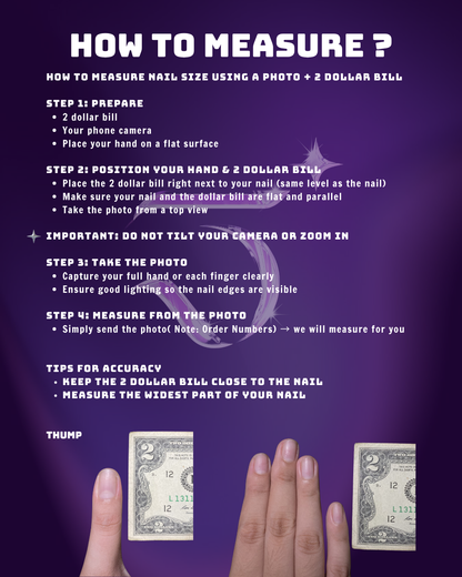 Alternative guide on how to measure custom nail size using a phone camera and a 2 dollar bill for accurate Jess Nailbox press-on nail fitting.