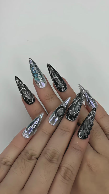 Cyber Eclipse Silver Chrome - Dark Futuristic Handmade Press-on Nails
